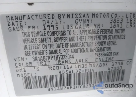 2017 Nissan Sentra Sv from USA, damaged, VIN 3N1AB7AP1HY323044